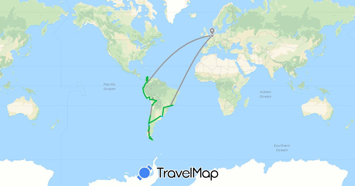 TravelMap itinerary: driving, bus, plane, hiking, boat in Argentina, Bolivia, Brazil, Chile, Colombia, Ecuador, Netherlands, Peru, Uruguay (Europe, South America)