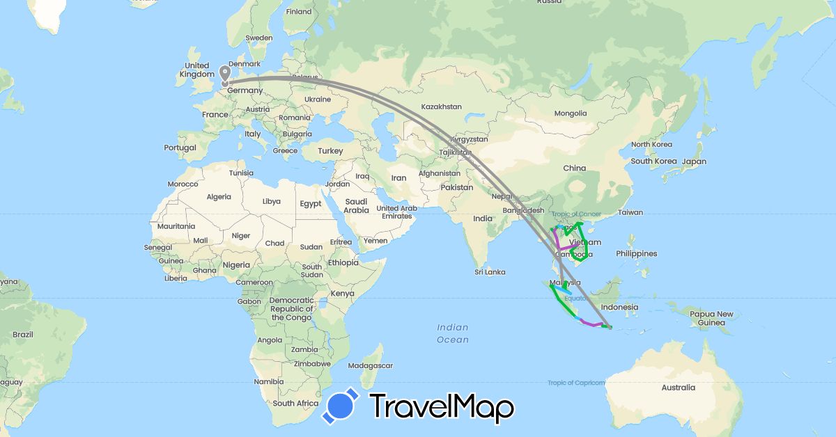 TravelMap itinerary: driving, bus, plane, train, boat in Indonesia, Cambodia, Laos, Malaysia, Netherlands, Singapore, Thailand, Vietnam (Asia, Europe)